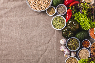 vegetarian cooking ingredients with vegetables and legumes.