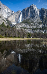 Fototapeta na wymiar Yosemite Falls reflected in the Merced River Yosemite National Park