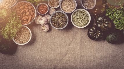 vegetarian cooking ingredients with vegetables and legumes.