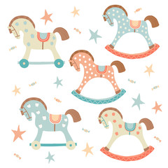 Cute toy rocking horse set. Kids First Toys. Baby shower design element. Cartoon vector hand drawn eps 10 illustration isolated on white background.
