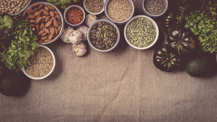 vegetarian cooking ingredients with vegetables and legumes.