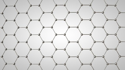 3D illustration of graphene grid, carbon molecules of metallic color. The idea of nanotechnology, superconductor and super battery. 3D rendering on white background