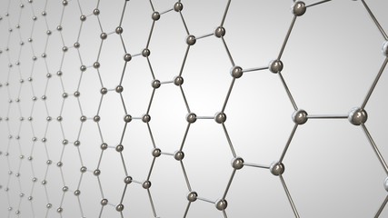 Fototapeta premium 3D illustration of graphene grid, carbon molecules of metallic color. The idea of nanotechnology, superconductor and super battery. 3D rendering on white background