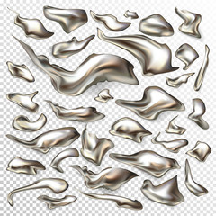 Irregular shape, shiny liquid metal or mercury drops and swirls 3d realistic vector set isolated on transparent background. Precious alloy splashes, metallic paint droplets design elements collection