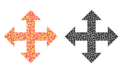 Pixel expand arrows mosaic icons. Vector expand arrows icons in colorful and black versions. Collages of arbitrary round elements.