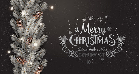 Merry Christmas text on dark background with silver garland of fir branches, lights, pine cones. Xmas and New Year card. Vector Illustration