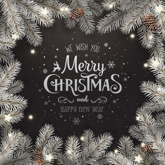 Creative frame made of silver Christmas fir branches. Silver Merry Christmas and New Year Text on dark background with lights, pine cones. Xmas and New Year card. Vector Illustration