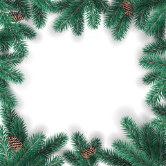 Fototapeta na wymiar Creative frame made of Christmas fir branches on white background with pine cones. Xmas and New Year card. Vector Illustration