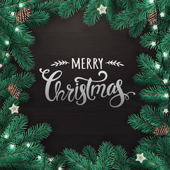Fototapeta na wymiar Creative frame made of Christmas fir branches. Silver Merry Christmas text on black wooden background with lights, pine cones. Xmas and New Year card. Vector Illustration