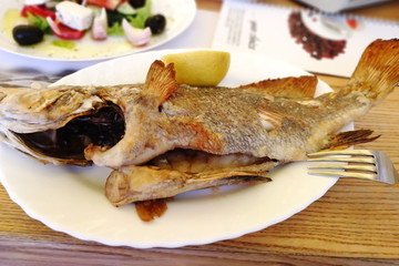 Delicious fried fish with lemon on plate. Vegetables salad. Restaurant background.