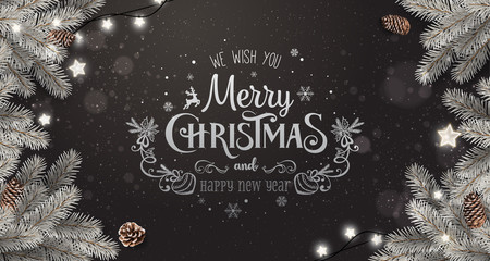 Creative frame made of silver Christmas fir branches. Silver Merry Christmas and New Year Text on dark background with lights, pine cones. Xmas and New Year card. Vector Illustration