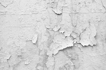 Gray Dirty Plaster Wall, With Falling Off Flakes Of Paint. Rough Surface. Old Weathered Painted Background Texture. Vintage Background. Peeled Plaster Wall.