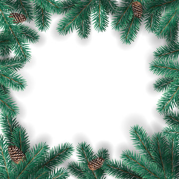 Creative frame made of Christmas fir branches on white background with pine cones. Xmas and New Year card. Vector Illustration