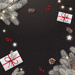Fototapeta na wymiar Black Christmas background with silver fir branches, gift boxes, pine cones, garland of stars. Xmas and New Year theme. Vector Illustration