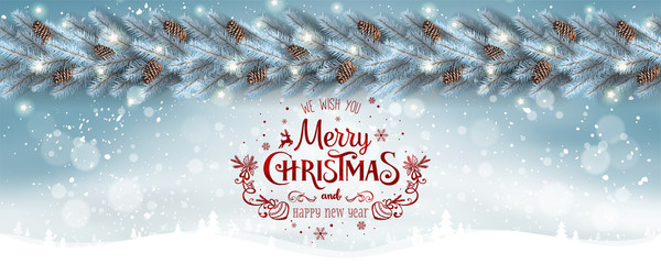 Christmas white background with garland of Christmas tree branches,  snowflakes, stars. Xmas and New Year card. Vector Illustration