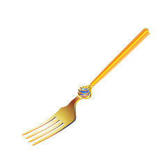 Vintage gold fork with a holidays ornament in form of braided fabulous pearl isolated on light background. Vector cartoon close-up illustration