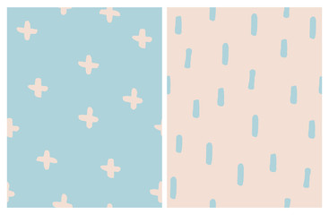 Set of 2 Cute Abstract Vector Patterns. Stripes and Cross Sign on a Blue and Light Pink Backgrounds. Simple Hand Drawn Geometric Design. Funny Infantile Style Layouts. Pastel Colors Art. © Magdalena