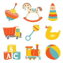Kids First Toys icon set. Baby shower design element. Cartoon vector hand drawn eps 10 illustration isolated on white background.