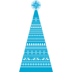 Christmas triangular fir-tree with knitting pattern decor  with deers, snowflakes, spruce and ornamental elements and Christmas star on the top