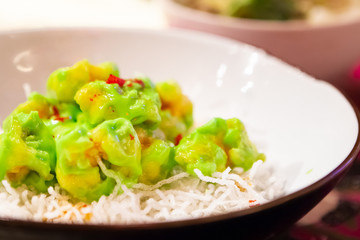 Asian Cuisine - Shrimps In Wasabi And Chilli Paper Sauce With Crispy Noodles Or Cellophane Noodles In Bowl. Close-Up.