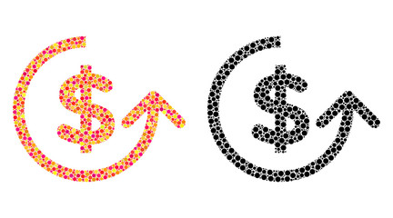 Dot chargeback mosaic icons. Vector chargeback pictograms in bright and black versions. Collages of casual circle elements. Vector collages of chargeback icons organized of variable circle elements.