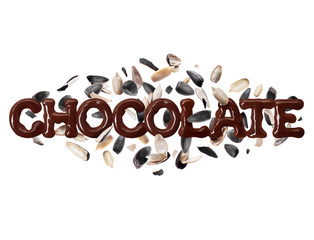 The word chocolate with cracked sunflower seed isolated on white background