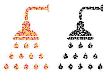 Dotted shower mosaic icons. Vector shower icons in bright and black versions. Collages of randomized round dots. Vector collages of shower icons created of scattered round dots.