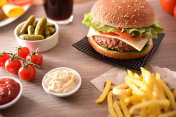 Snack with burger for a moment of entertainment elevated view