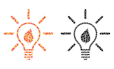Pixel eco light bulb mosaic icons. Vector eco light bulb icons in colorful and black versions. Collages of arbitrary circle spots.