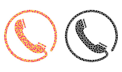 Dotted phone mosaic icons. Vector phone pictograms in multi-colored and black versions. Collages of randomized round dots. Vector compositions of phone icons organized of scattered round dots.
