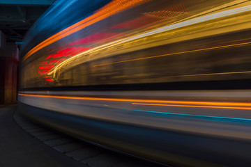 The movement of trams on the bend of the road,