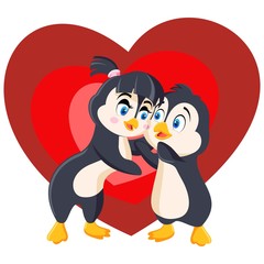 Couple of Penguins Hugging against the background of the Heart
