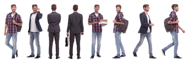 panoramic collage of self-motivated young man .isolated on white