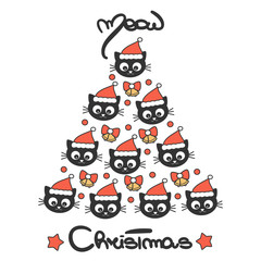 cute hand drawn lettering meow christmas vector holiday card with cartoon cat wearing Santa's hat tree 