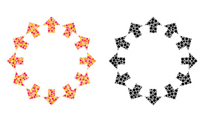 Dot radial arrows mosaic icons. Vector radial arrows icons in colorful and black versions. Collages of variable spheric dots. Vector collages of radial arrows icons constructed of random round pixels.