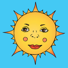 Fototapeta premium Golden sun with face of a wise young man looks, old fashioned style, hand drawn doodle, sketch in pop art style, isolated on bright blue vector illustration