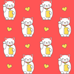 cute cartoon maneki neko lucky white cat seamless vector pattern background  illustration