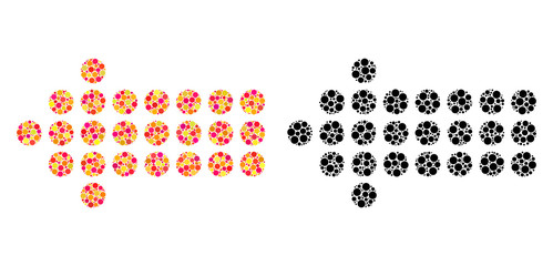 Pixel dotted arrow left mosaic icons. Vector dotted arrow left icons in colorful and black versions. Collages of irregular round elements.
