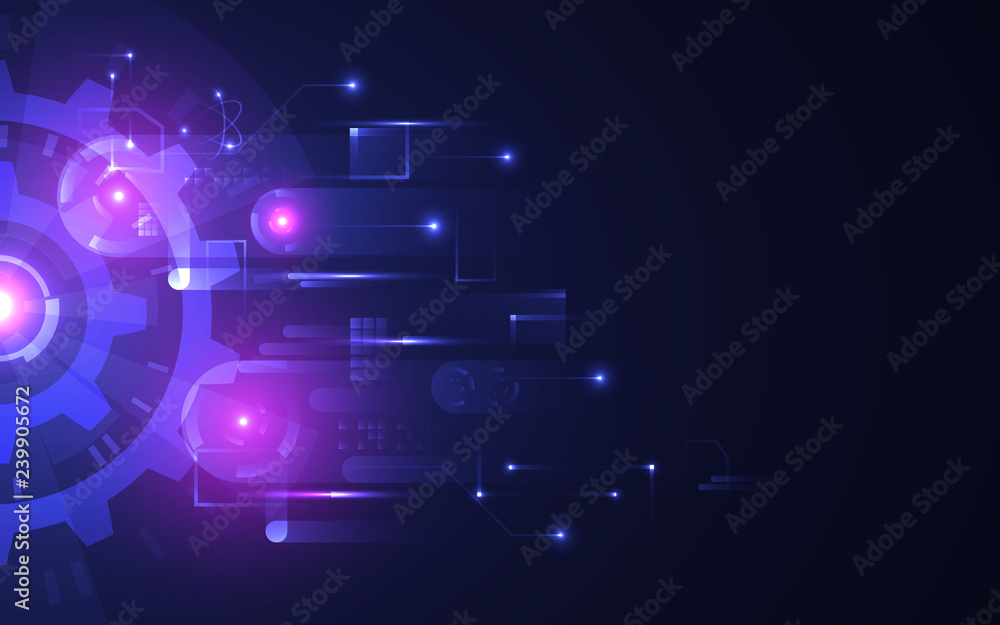 Poster abstract technology background. futuristic glowing gears on dark backdrop. hi-tech concept with brig