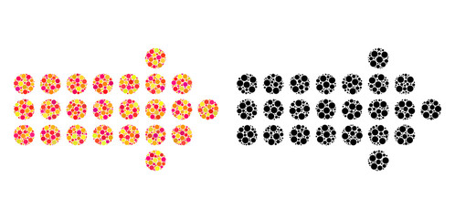 Pixel dotted arrow right mosaic icons. Vector dotted arrow right icons in colorful and black versions. Collages of different circle dots.