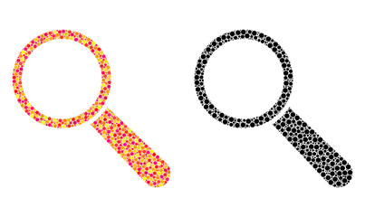 Dot search tool mosaic icons. Vector search tool icons in bright and black versions. Collages of random spheric elements. Vector mosaics of search tool icons created of random round elements.