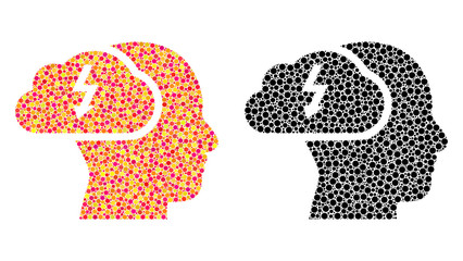 Pixel brainstorming mosaic icons. Vector brainstorming icons in colorful and black versions. Collages of irregular round spots.