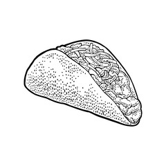 Tacos - mexican traditional food. Vector vintage engraved illustration for menu, poster, web. Isolated on white background.