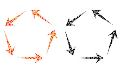 Dot circulation mosaic icons. Vector circulation icons in colorful and black versions. Collages of different round dots. Vector collages of circulation icons organized of different round pixels.