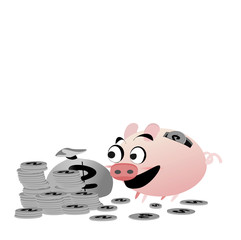  Icon piggy bank , money and hand. flat  illustration isolated on white background. The concept of saving money, investment ,banking or business service. Cute animal clip art cartoon character.