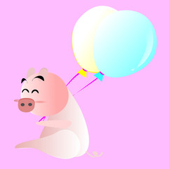 Cute animal cartoon character and colorful balloon and heart  concept  of love for Valentine's Day. Year of the Pig and New Year 2019 and Chinese New Year.  Flat illustration for decoration.