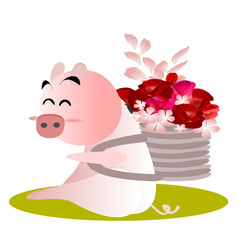 Year of the Pig and New Year 2019 and Chinese New Year. Flat illustration for decoration. Colorful cute cartoon character  on white background isolated.