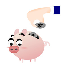 Icon piggy bank , money and hand. flat  illustration isolated on white background. The concept of saving money, investment ,banking or business service. Cute animal clip art cartoon character.