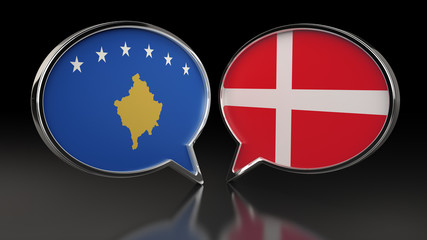 Kosovo and Denmark flags with Speech Bubbles. 3D illustration