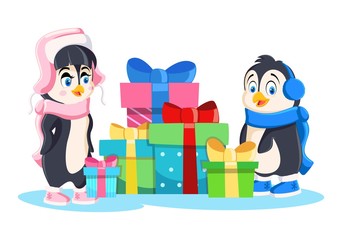 Two Cute Penguins in hats with Lots of Gifts